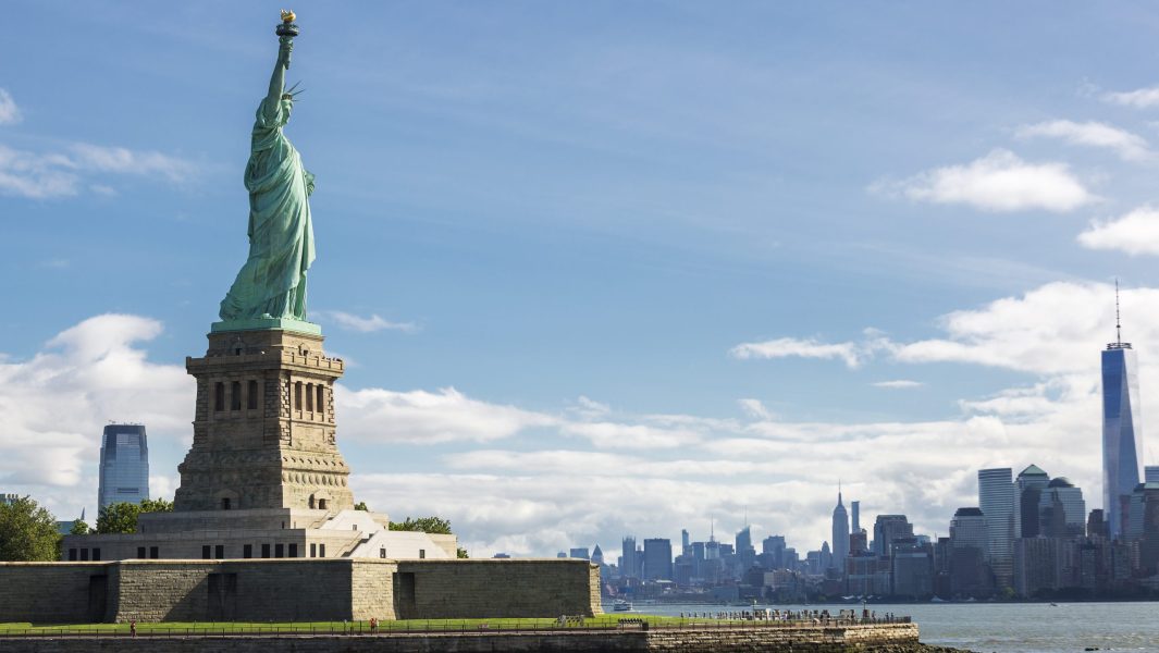 Statue of Liberty and the New York City Skyline, USA.